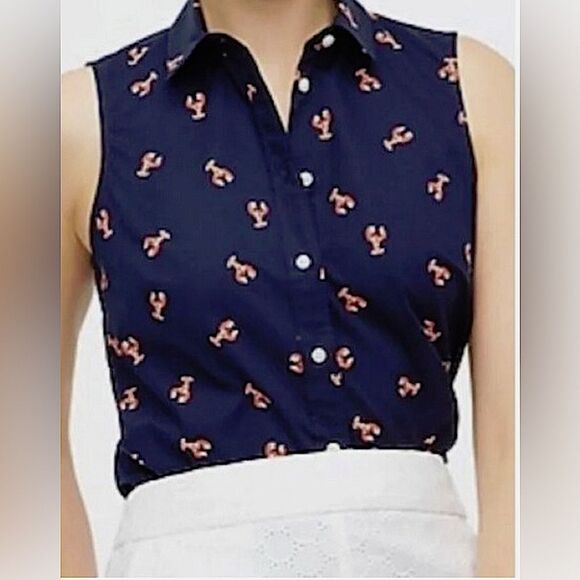 NWT J. Crew Navy Lobster Print Sleeveless Poplin Shirt in Signature Fit Size XS - Picture 2 of 8